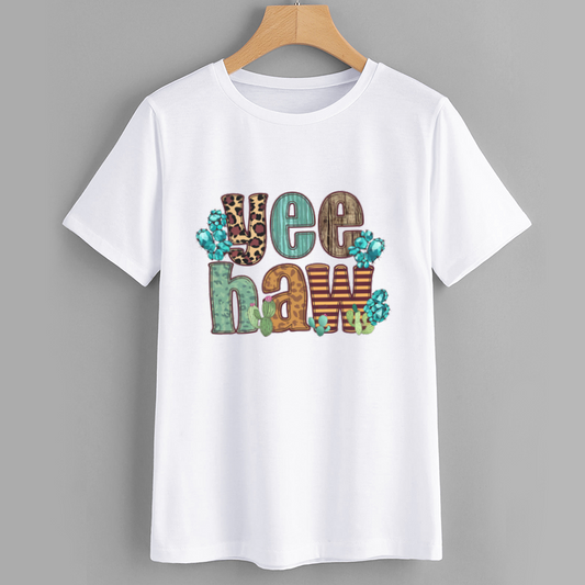 Yee Haw Graphic T-Shirt with Cactus and Leopard Print Design