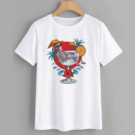 Skeleton Relaxing in Cocktail Graphic T-Shirt