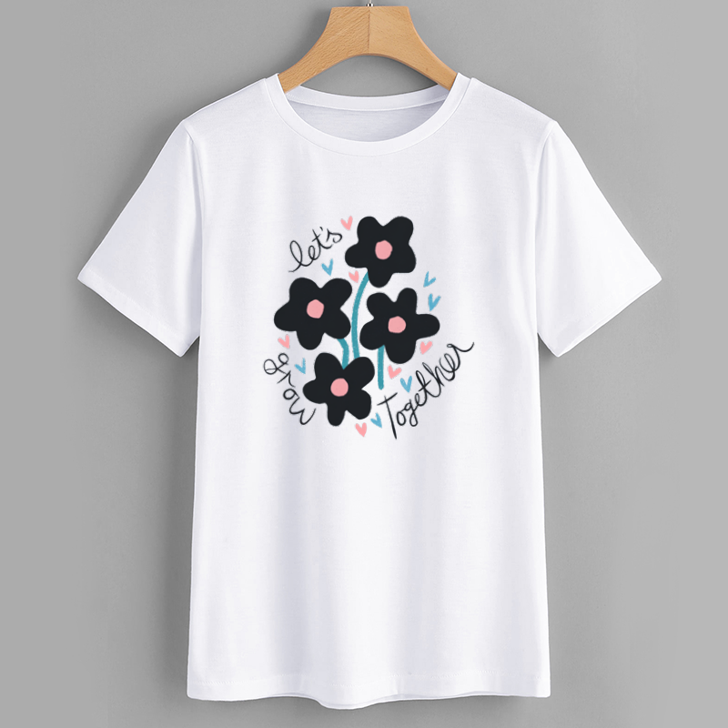 Floral Graphic T-Shirt with 'Let's Grow Together' Design