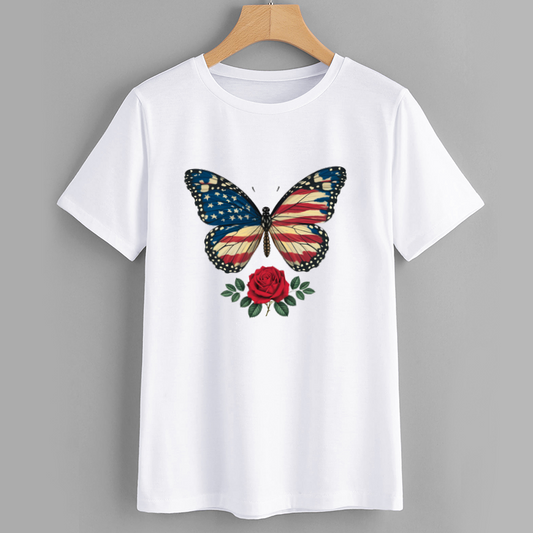 Butterfly and Rose Graphic T-Shirt with American Flag Design