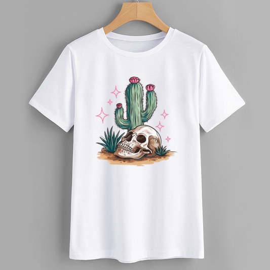Artistic Skull and Cactus Graphic T-Shirt
