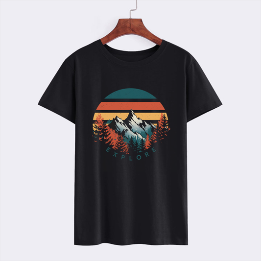 Explore Mountain Graphic Tee - Black Casual T-Shirt for Outdoor Adventures