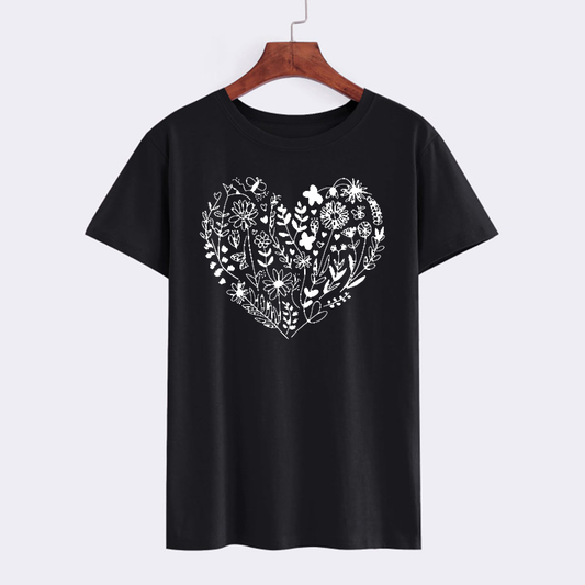 Floral Heart Graphic Black T-Shirt
