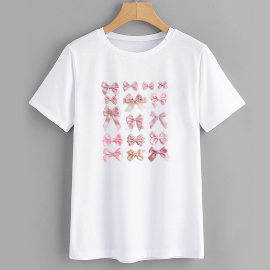 Kawaii Pink Bow Graphic Cotton T-Shirt