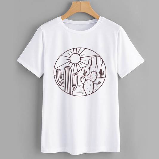 Desert Cactus Sun White Cotton Graphic T-Shirt