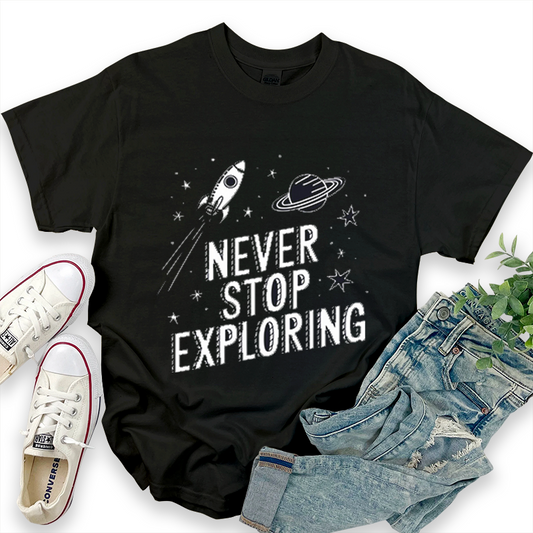 NEVER STOP EXPLORING Space Pattern T-Shirt