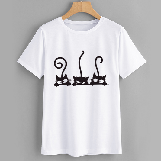 MeowJoy Cute Black Cat Graphic Cotton T-Shirt
