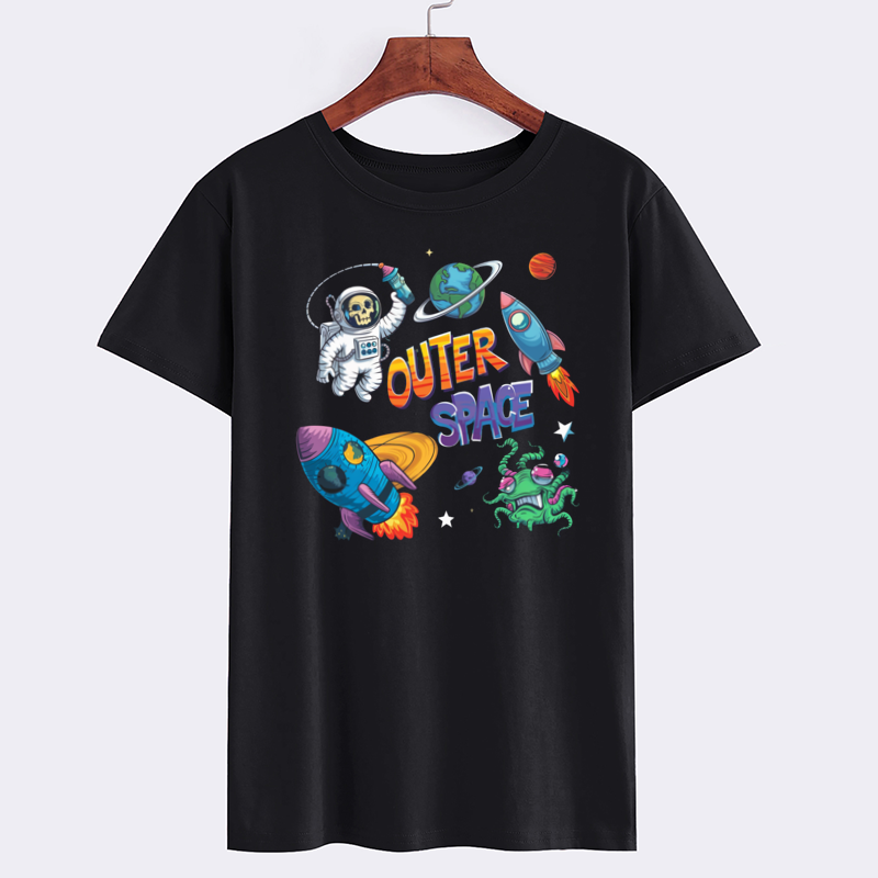 Outer Space Graphic T-Shirt with Astronaut and Rockets