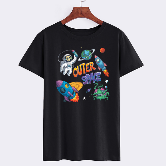Outer Space Graphic T-Shirt with Astronaut and Rockets