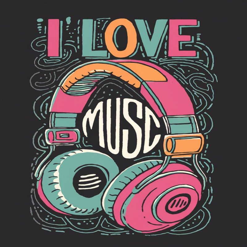 I Love Music Graphic Tee - Vintage Headphone Design