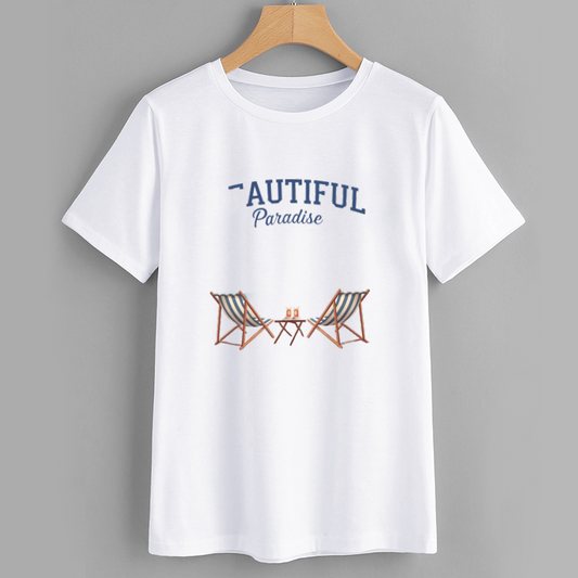 Cotton Beach-Themed Casual White T-Shirt