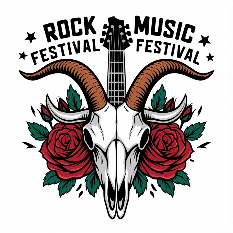 Rock Music Festival Skull and Guitar Graphic T-Shirt