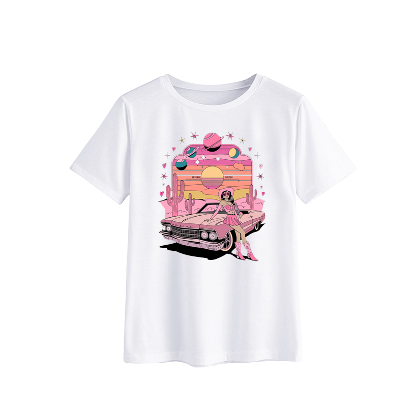 Retro Pink Aesthetic Graphic T-Shirt with Vintage Car and Planet Design
