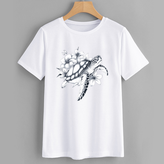Seaside Turtle Floral Cotton Graphic T-Shirt