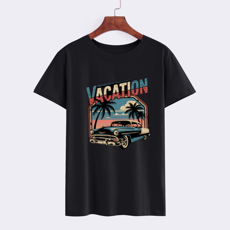 Retro Vacation Graphic T-Shirt with Classic Car and Palm Trees