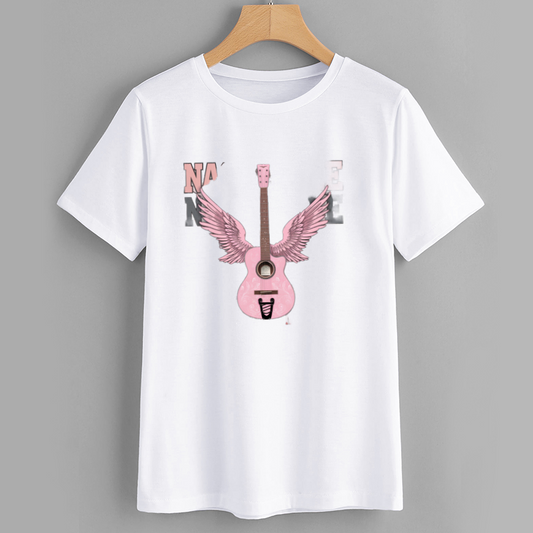 UrbanMuse Pink Winged Guitar Graphic Cotton T-Shirt