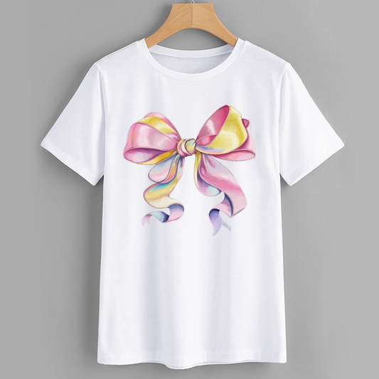 Shein Pastel Bow Print Cotton T-Shirt