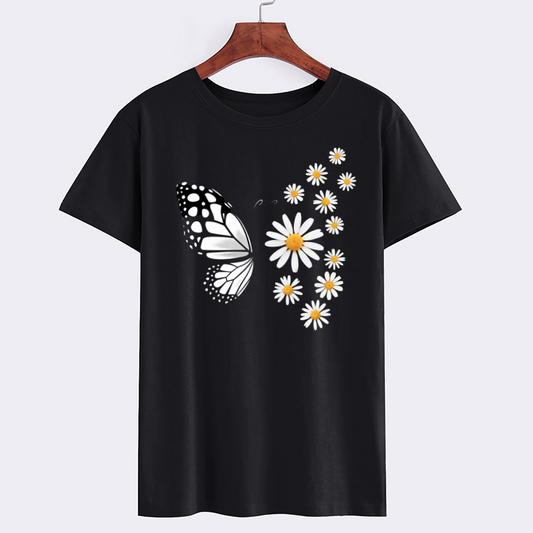 Butterfly and Daisy Floral Graphic T-Shirt
