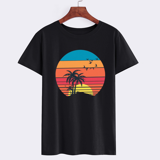 Retro Sunset Palm Tree Graphic Cotton T-Shirt