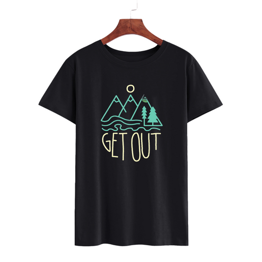 Black Get Out Graphic T-Shirt with Mountain Design
