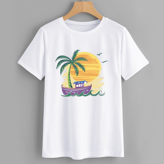 Tropical Sunset Boat Graphic T-Shirt