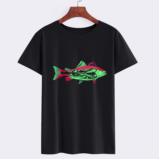 FishArt Neon Fish Graphic Black Cotton T-Shirt