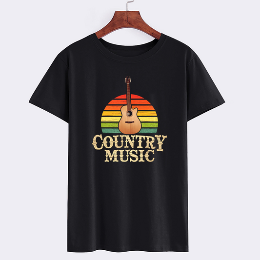 Retro Country Music Guitar Graphic Cotton T-Shirt