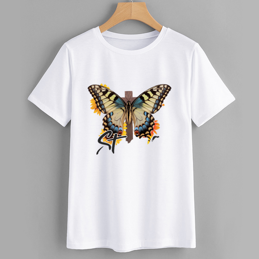 Sunflower Butterfly Cross Cotton Graphic T-Shirt