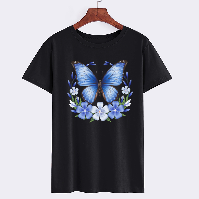 Blue Butterfly Floral Graphic T-Shirt
