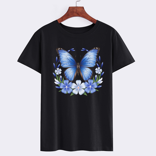 Blue Butterfly Floral Graphic T-Shirt