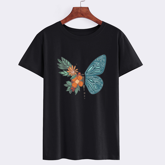 Nature-Inspired Butterfly Flower Graphic Cotton T-Shirt