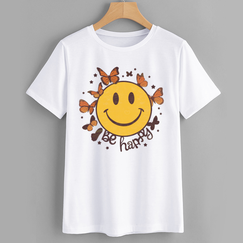 Smiley Face Butterfly Graphic T-Shirt