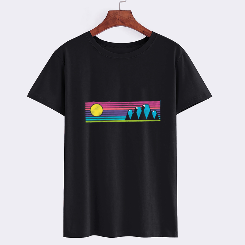 Graphic Black T-Shirt with Sunset and Mountain Design