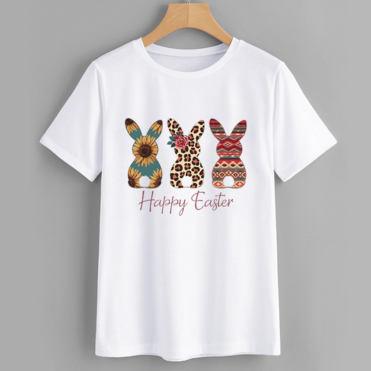 Easter Bunny Graphic Tee with Floral and Leopard Prints