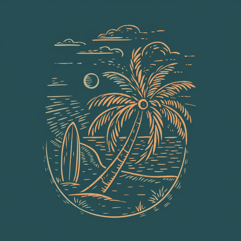 Graphic Black T-Shirt with Palm Tree and Surfboard Design