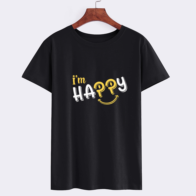 Happy Print Black Cotton T-shirt Casual