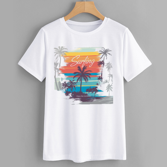Colorful Surfing Graphic T-Shirt with Palm Trees