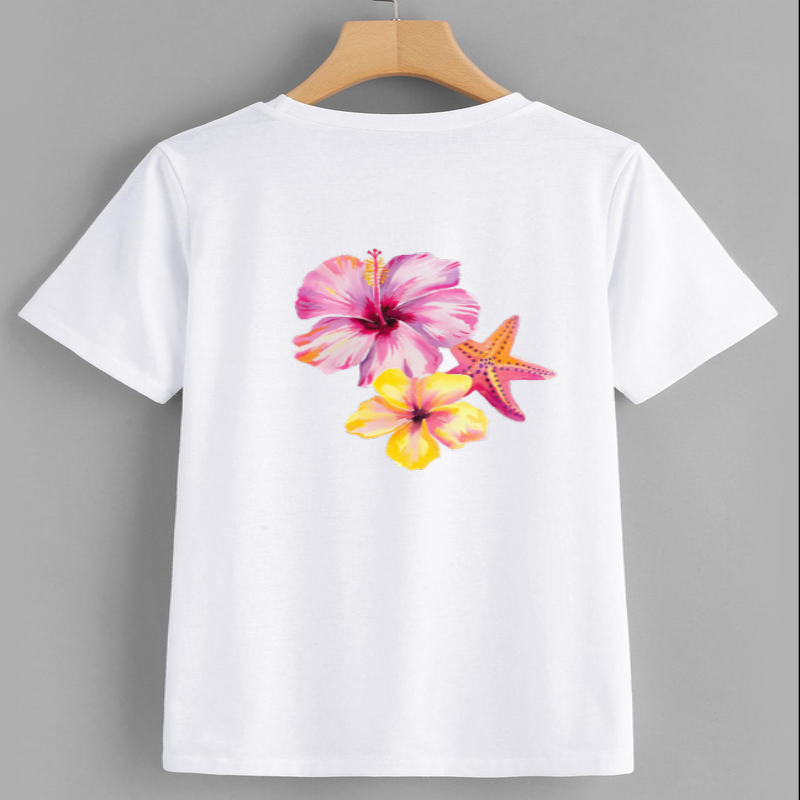 Tropical Hibiscus and Starfish Graphic T-Shirt