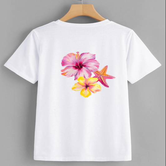Tropical Hibiscus and Starfish Graphic T-Shirt