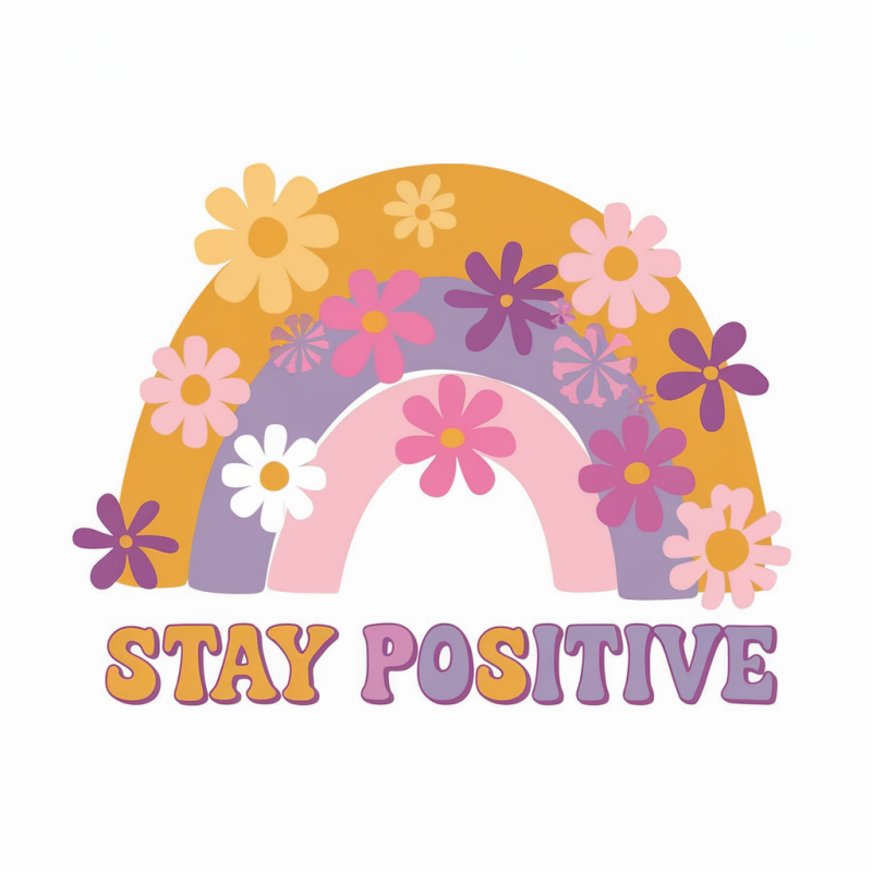 Stay Positive Graphic T-Shirt with Flower Rainbow Design