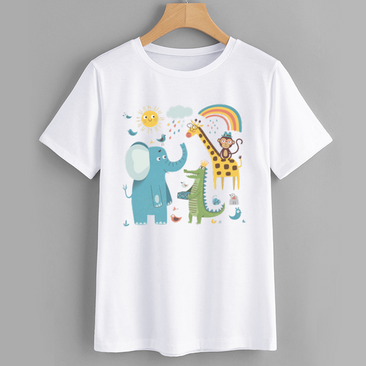 Cute Animal Print T-Shirt with Elephant, Giraffe, and Monkey
