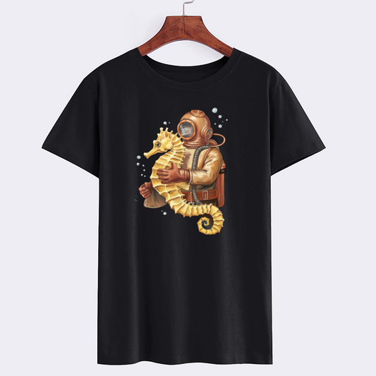 Vintage Diver with Seahorse Graphic T-Shirt