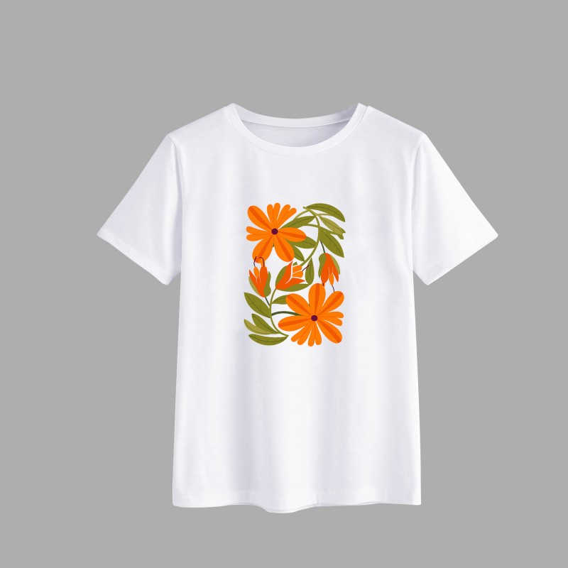 Floral Printed White T-Shirt with Orange Flowers