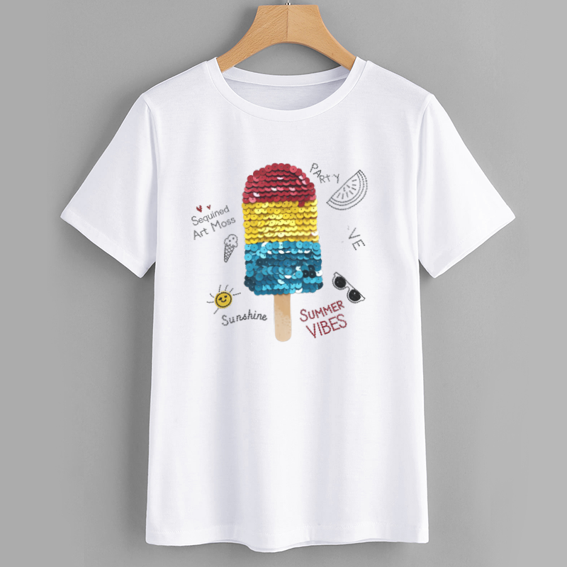 Bright Sequined Popsicle Cotton T-Shirt
