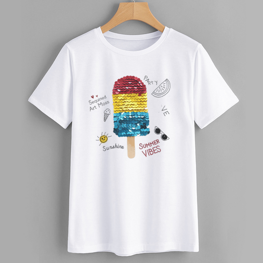 Bright Sequined Popsicle Cotton T-Shirt