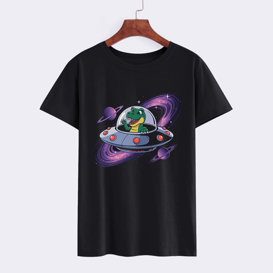Cartoon Dinosaur in UFO Graphic T-Shirt