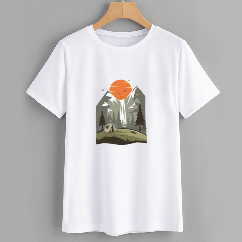 Outdoor Adventure Graphic T-Shirt with Mountain and Sun Design