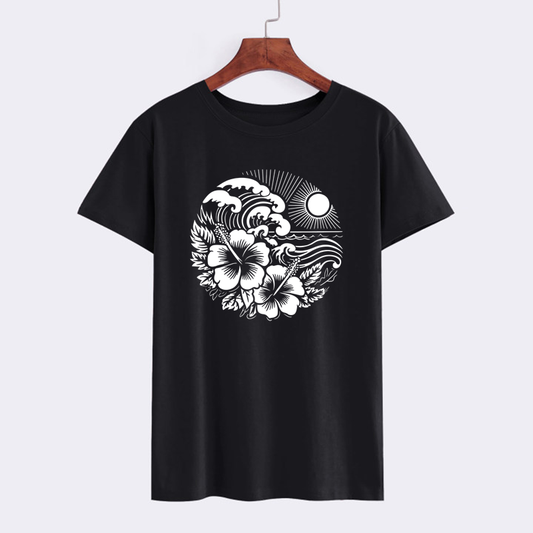 Wave and Floral Graphic Black T-Shirt