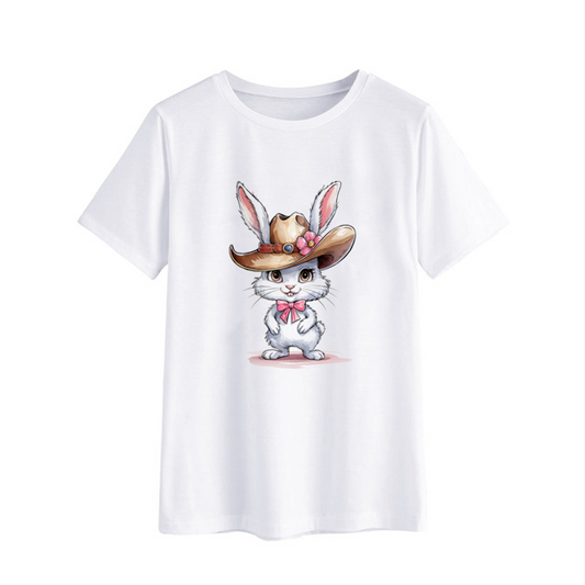Cute Cartoon Rabbit Graphic T-Shirt with Cowboy Hat