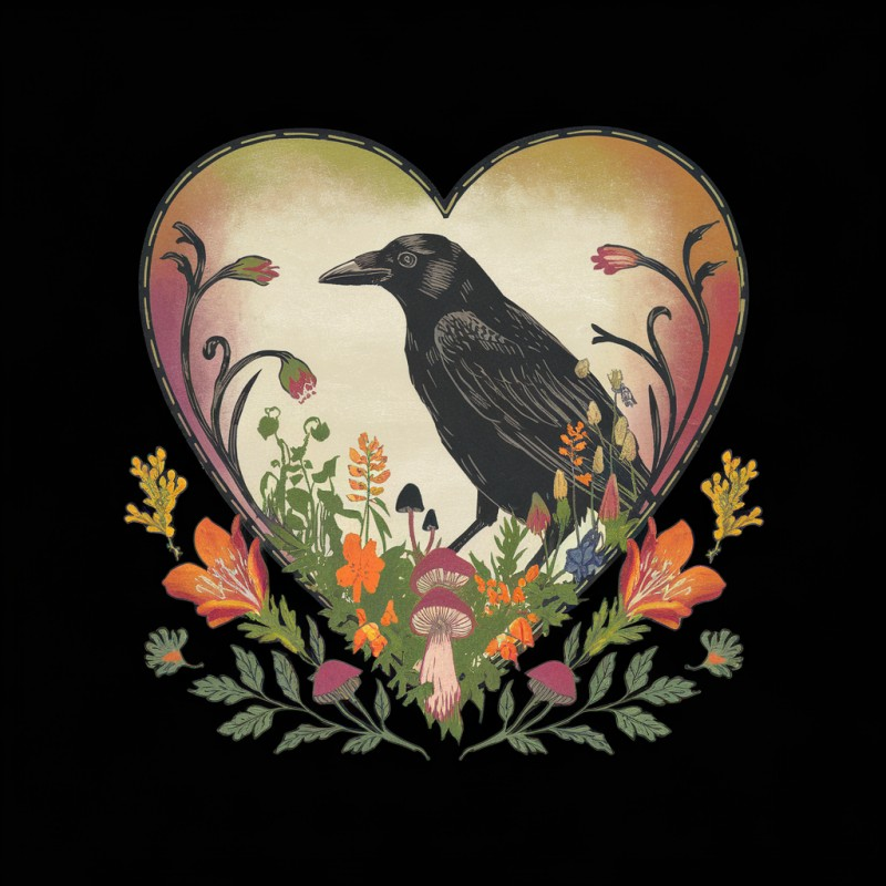 Artistic Raven Heart Black T-Shirt
